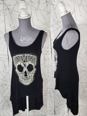 Sirens Black Stretch Jersey Skull Embroidered High Low Tank
